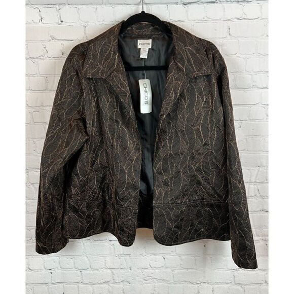 CHICO'S black golden embroidered open front lined jacket blazer 3 16/18 XL NWT - Picture 1 of 8